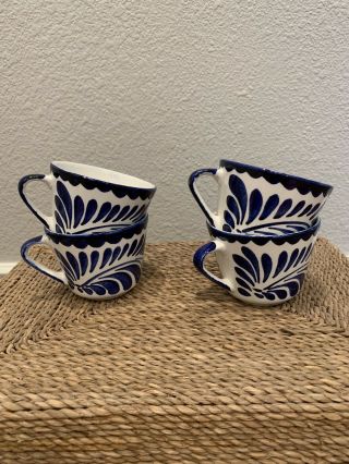 Vintage Mexican Coffee Cups Set of 4 Anfora Blue & White Puebla Pottery 2