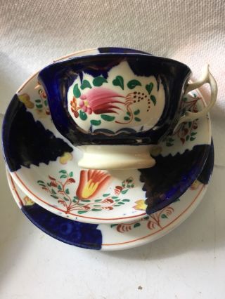 Lovely Antique Gaudy Welsh Flow Blue Cup & Saucer & Underplate Tulip Pattern