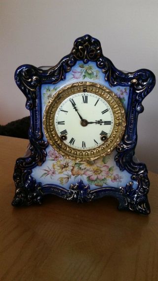 Antique Ansonia Blue Porcelain Mantel Clock Wabash Model,  Keeping Time W/org Key