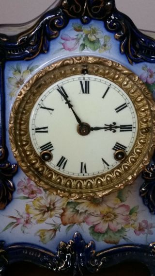 Antique Ansonia Blue Porcelain Mantel Clock Wabash Model,  Keeping Time w/org key 2