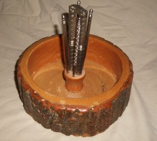Vintage Retro Wood Bark Nut Bowl Nutcracker W 4 Picks Rustic 6 " Nut Bowl