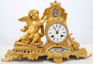 Antique Mantle Clock French Stunning 8day Ormolu & Sevres Cherub Bell Strike