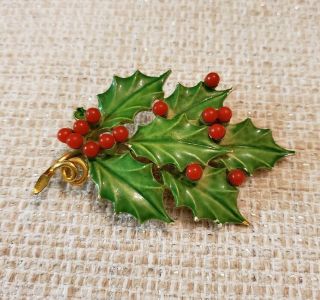 Vintage Weiss Signed Christmas Holly Berry Leaf Brooch Pin