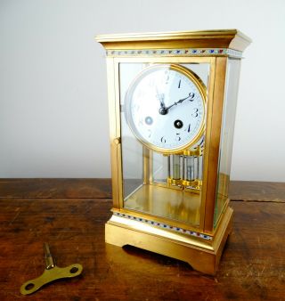 Antique French Crystal Four Glass Mantel Clock Champleve Striking Regulator