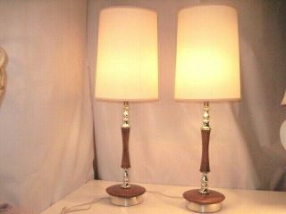 2 Vintage Mid Century Danish Modern Mcm Table Lamps & Shades Wood Metal Pair Vgc