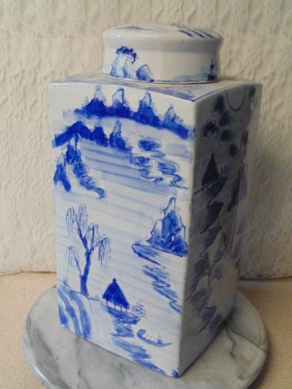 Antique / Vintage Large 14 " Heavy Handpainted Chinese Blue White Lidded Jar