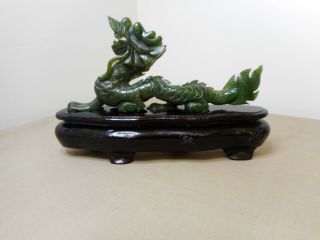 Vintage Chinese Carved Dark Green Nephrite Jade Dragon On Stand