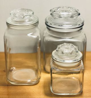 3 Vintage Clear Glass Square Anchor Hocking Apothecary/candy Jars W/ Lids