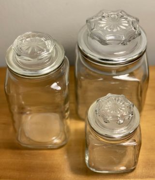 3 Vintage Clear Glass SQUARE ANCHOR HOCKING APOTHECARY/Candy Jars w/ Lids 2