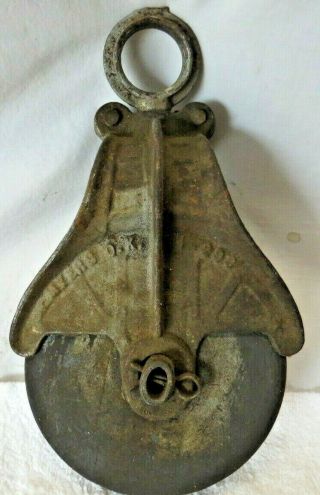 Antique Vintage Myers Ok Barn Pulley H - 298 Hay Cast Iron & Wood Steampunk