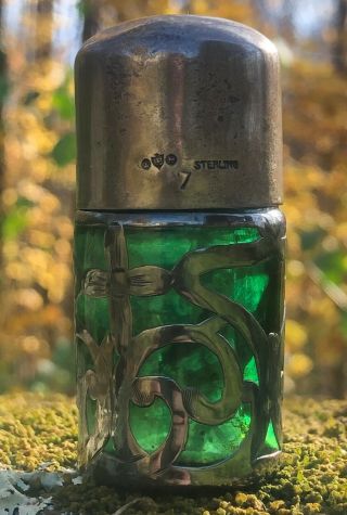 Antique Emerald Green Perfume Bottle Sterling Silver Hallmark