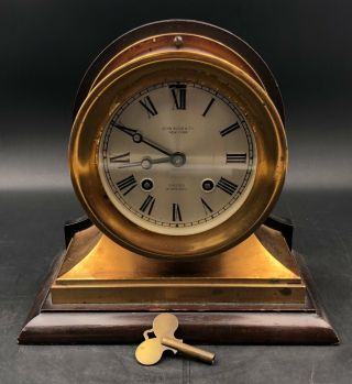 Antique Brass John Bliss Co Ny Chelsea Ships Bell Mantle Clock W/wooden Base