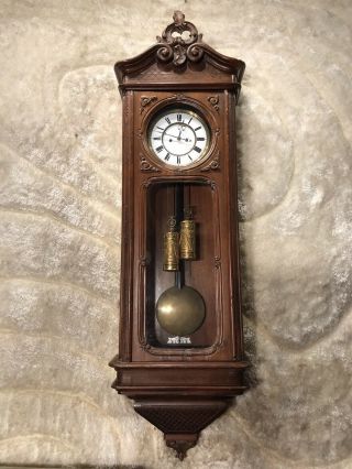 Rare Vintage Antique Germany Vienna Strikes Wall Clock,  2 Brass Weights Driven