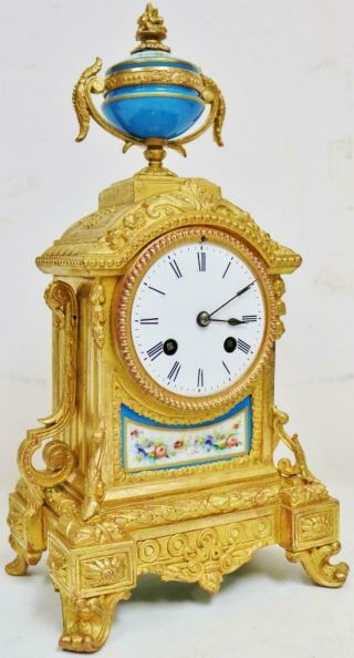 Antique French 8 Day Striking Gilt Metal & Blue Sevres Porcelain Mantel Clock