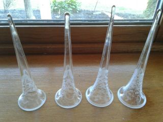 Antique Set 4 Etched Floral Clear Glass Trumpet Vase Epergne Flute