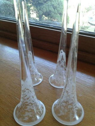 Antique set 4 Etched Floral Clear Glass Trumpet Vase Epergne Flute 2