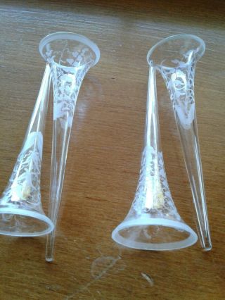 Antique set 4 Etched Floral Clear Glass Trumpet Vase Epergne Flute 3