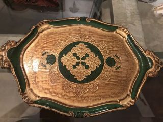 Vintage Italian Florentine Wood Tray Green And Gold