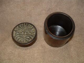 Old Antique Round Wooden Container With Brass Carved Mayan Sun God Face