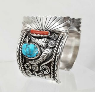 Vtg Navajo Sterling Silver Turquoise & Coral Old Pawn Men 
