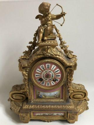 Antique French Clock Cupid Cherub & Hand Painted Porcelain Panels 8 Days