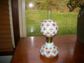 Old Miniature Oil Lamp - Quilted Milk Glass - Hand - Painted " Jacks " - Complete