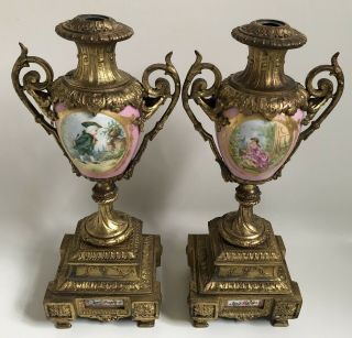 Antique French Clock Garniture Urns Vases Gilt Metal Hand Painted Porcelain