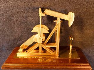 Vintage 1960s 24k Gold Plated Solid Brass Miniature Oil Well On Wooden Plaque