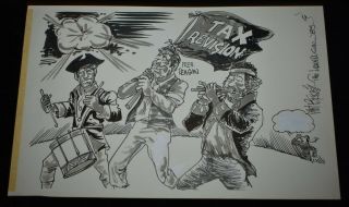 1985 Reagan W/ Revolutionary War Soldiers Cartoon Art By Phil Bissell