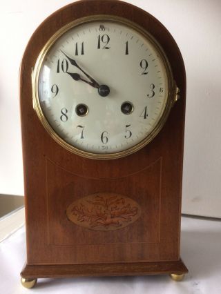 Antique French Edwardian Mahogany Domed Inlaid Bracket / Mantel Clock
