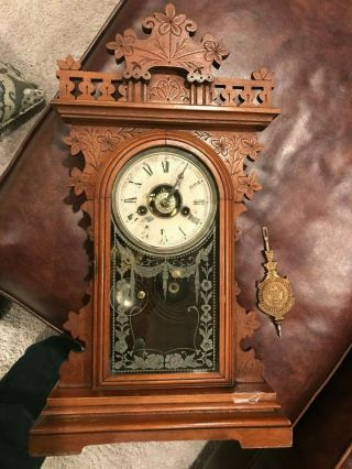 Old Antique 1880’s E.  N.  Walnut Welch Kitchen Parlor Clock 30 Hour Ew Pendulum