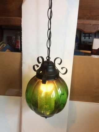 Vintage Green Glass Globe Hanging Chain Lamp / Mid Century Modern Light