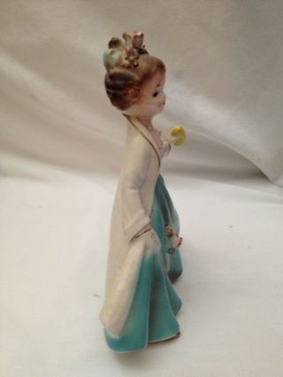 Vintage 1950 ' s Porcelain Figurine Girl Blue Dress White Cape Holding Purse 7921 2