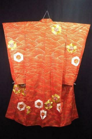 13v18491 Silk Vintage Tall Wide Japanese Kimono Furisode Dress Embroidery Gold