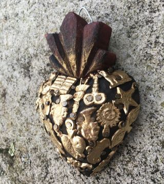 HEARTS - Mexican Milagro Heart - Hand Crafted Wood Milagro Folk Art Heart 3