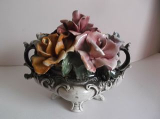 Vintage Capodimonte Large Vase Of Flowers (roses) Made In Italy
