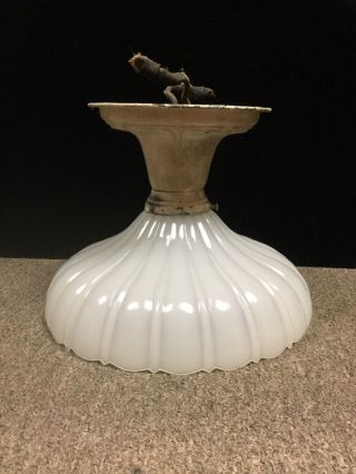 Antique 10 - 1/2 " Milk Glass Lamp Shade Ribbed Pendant Light,  With Copper Mount