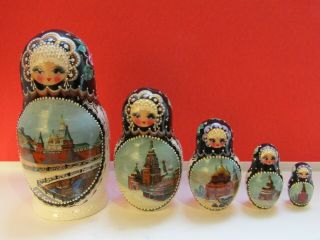Vtg 1998 Artist Signed Set Of 5 Russian Church Scene Matryoshka Nesting Dolls