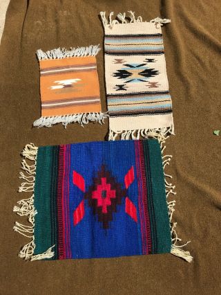 3 Vintage Small Mexican Aztec Mayan Woven Rug Wall Hanging Tapestry