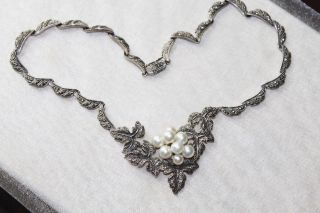 Large Art Deco Vintage Sterling Silver Marcasite Pearl Statement Necklace 55 G