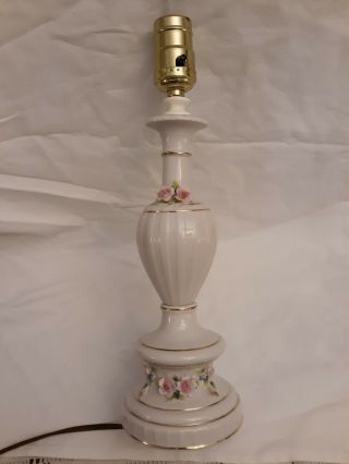 Vintage White Porcelain China Table Lamp W/pink Applied Roses & Gold Trim Lovely