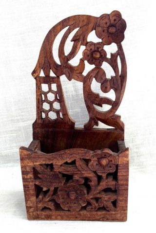 Vintage Hand Made/carved Wood Box/wall Pocket/letter Holder - Floral India