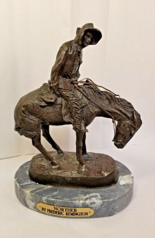 Vintage Frederic Remington " Norther " Bronze Marble Statue Cowboy Horse