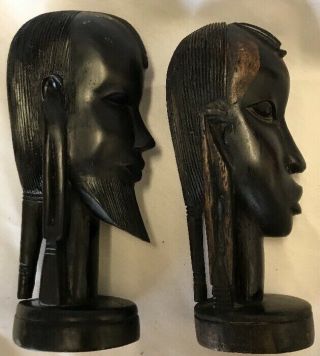 2 Vtg African Tribal Hand Carved Ebony Wood Sculpture Face Head Busts Statue 8”