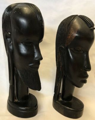 2 VTG AFRICAN TRIBAL Hand Carved EBONY WOOD Sculpture Face HEAD BUSTS Statue 8” 2