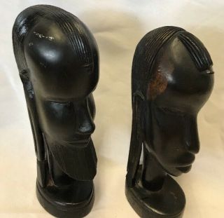 2 VTG AFRICAN TRIBAL Hand Carved EBONY WOOD Sculpture Face HEAD BUSTS Statue 8” 3