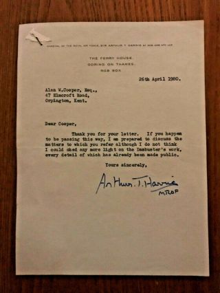 Personal Letter Signed Sir Arthur T Harris C - In - C Raf Bomber Command Dambusters
