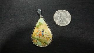 Vintage Antique Persian Jewelry Hand Painted Pendant Mother Of Pearl Silver 024