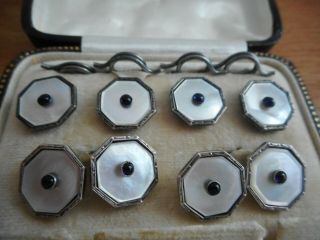 Vintage Sterling Silver Gents Cufflinks / Buttons Set Mother Of Pearl