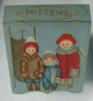Hand Painted Wooden “mittens” Storage Box - Winter Scene Children Doll